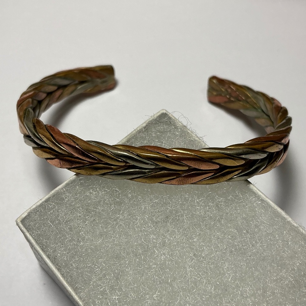 Gold and Silver Tone Braided Open Cuff Bracelet. 2.25 inches across